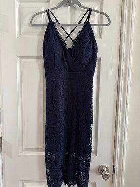 Navy Lace Midi Dress with Crisscross Straps